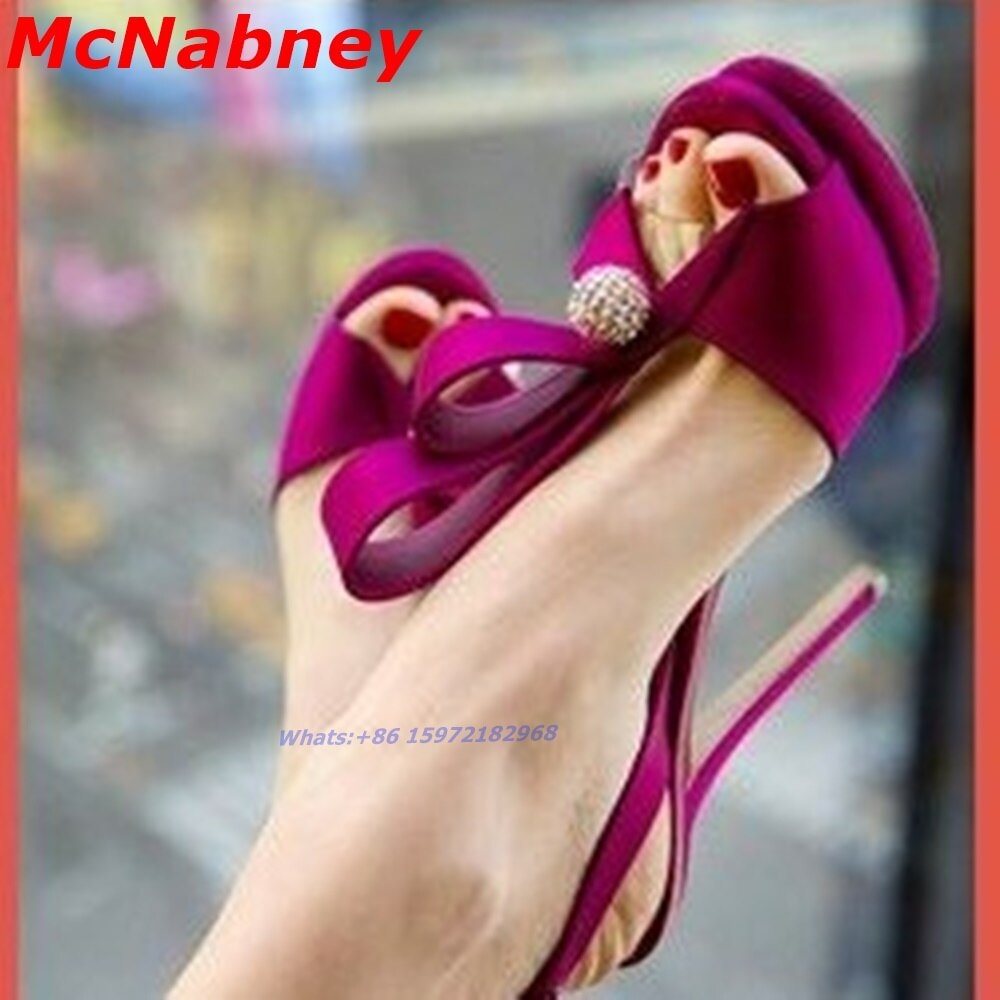 New Summer Satin Crystal Sandals Women Shoes Bow Knot Solid Slingback Open Toe Stiletto Heel Sandals Slip On Summer Design Shoes