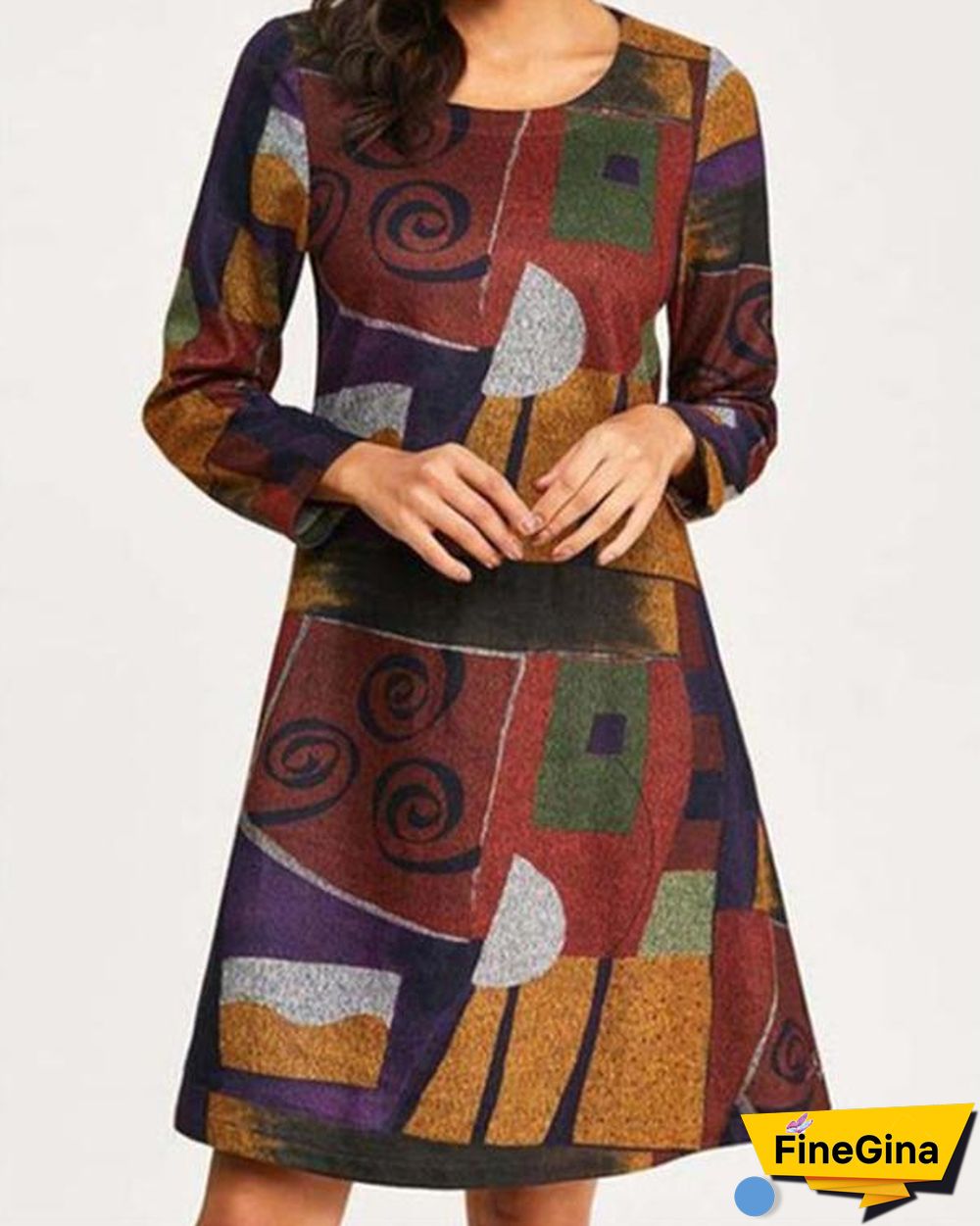 Casual Color Block Round Neckline Long Sleeve Knee-Length Dress