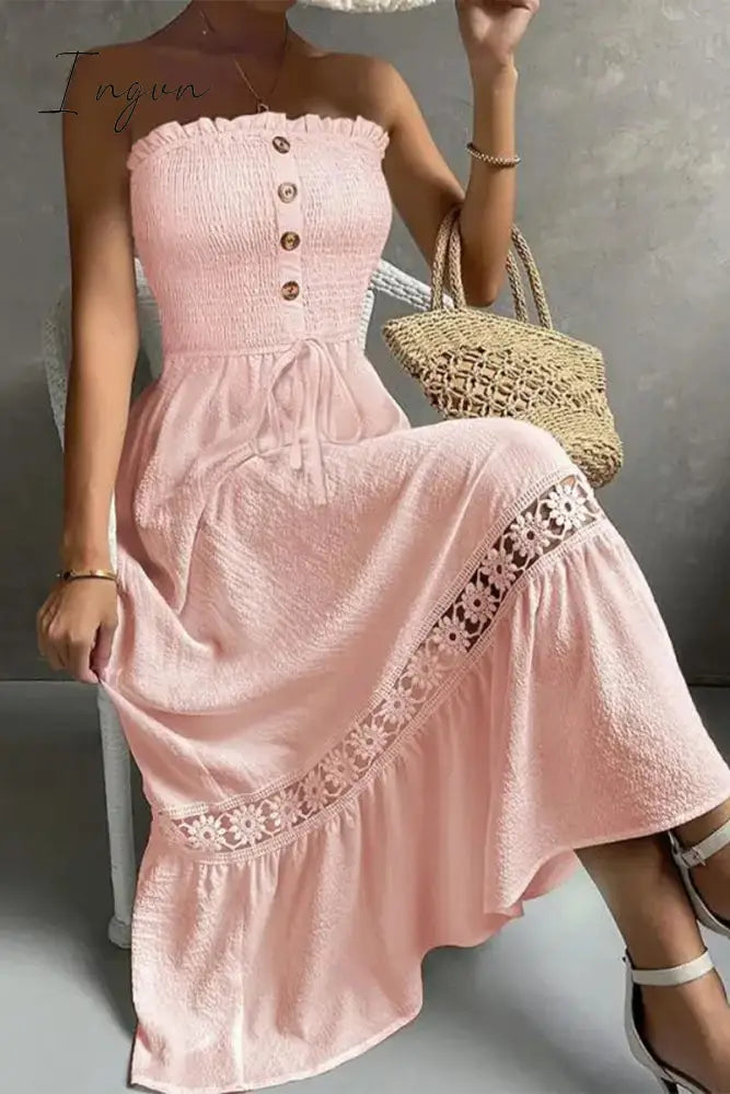 Sexy Vacation Solid Lace Buttons Strapless Dress Dresses Pink / S Dresses/Casual
