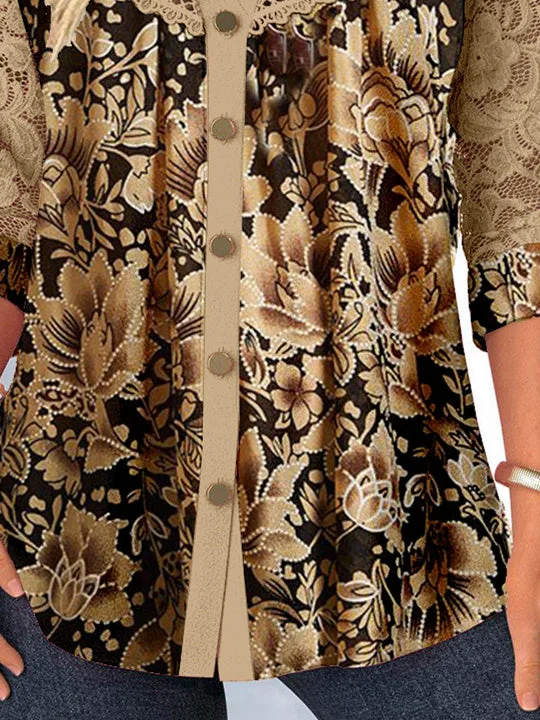 Women Long Sleeve Shirt Collar Floral Printed Graphic Lace Button Tops