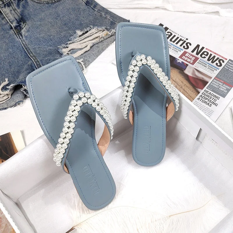 Zar a The new summer 2021 women flat slippers fashion trend designer pearl square toe clipping shoes large size 41-44 flip-flops