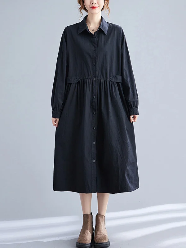 Casual Solid Color Pleated Buttoned Lapel Collar Long Sleeves Midi Shirt Dress