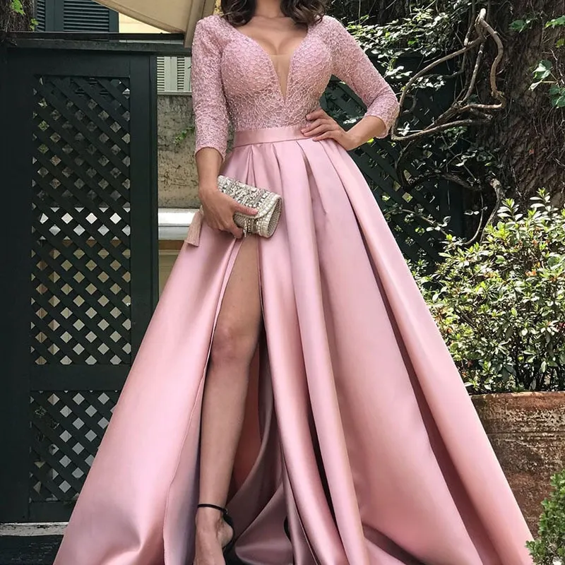 Ordifree 2022 Spring Autumn Floor Length Long Party Dress Elegant Lady Lace Sexy Split Satin Maxi Dress Plus Size S-5XL