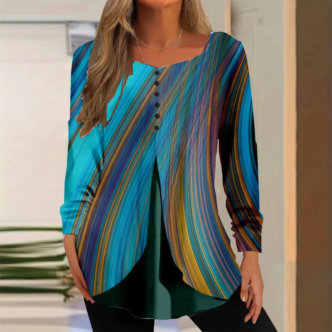Women Striped,Blue DZGG8329 Long Sleeve Scoop Neck Printed Graphic Button Fake 2in1 Tops