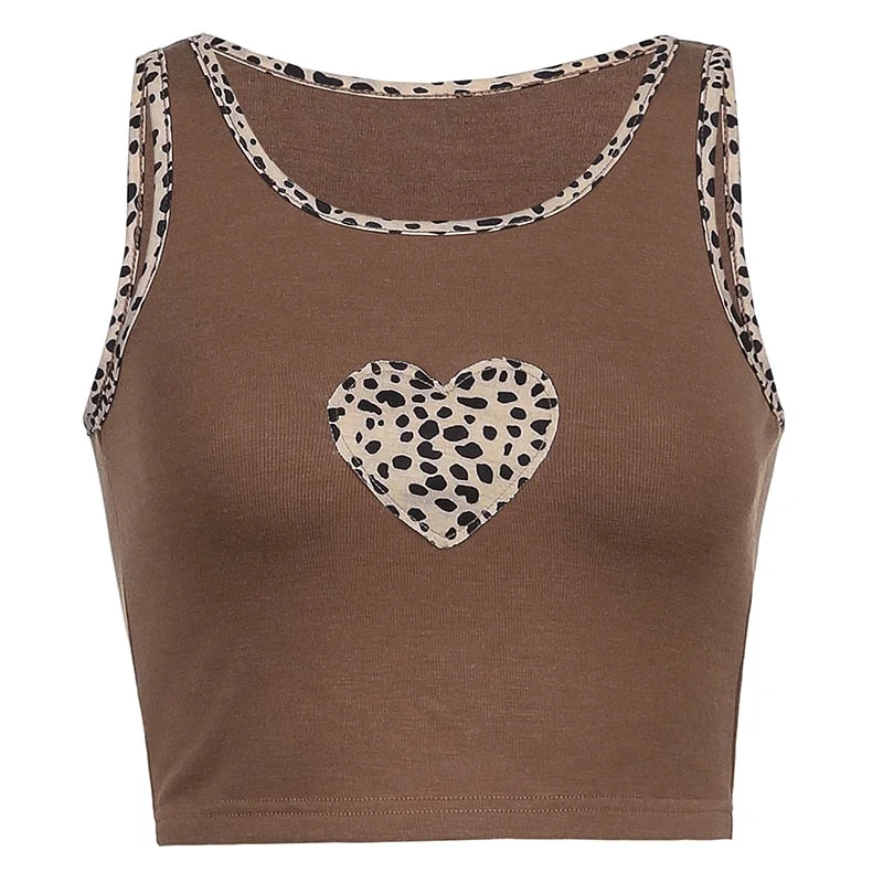 HEYounGIRL Patchwork Leopard Print Sleeveless Tank Top Women Casual Brown Y2K Crop Tops Tees Ladies Summer Fashion Vest Street