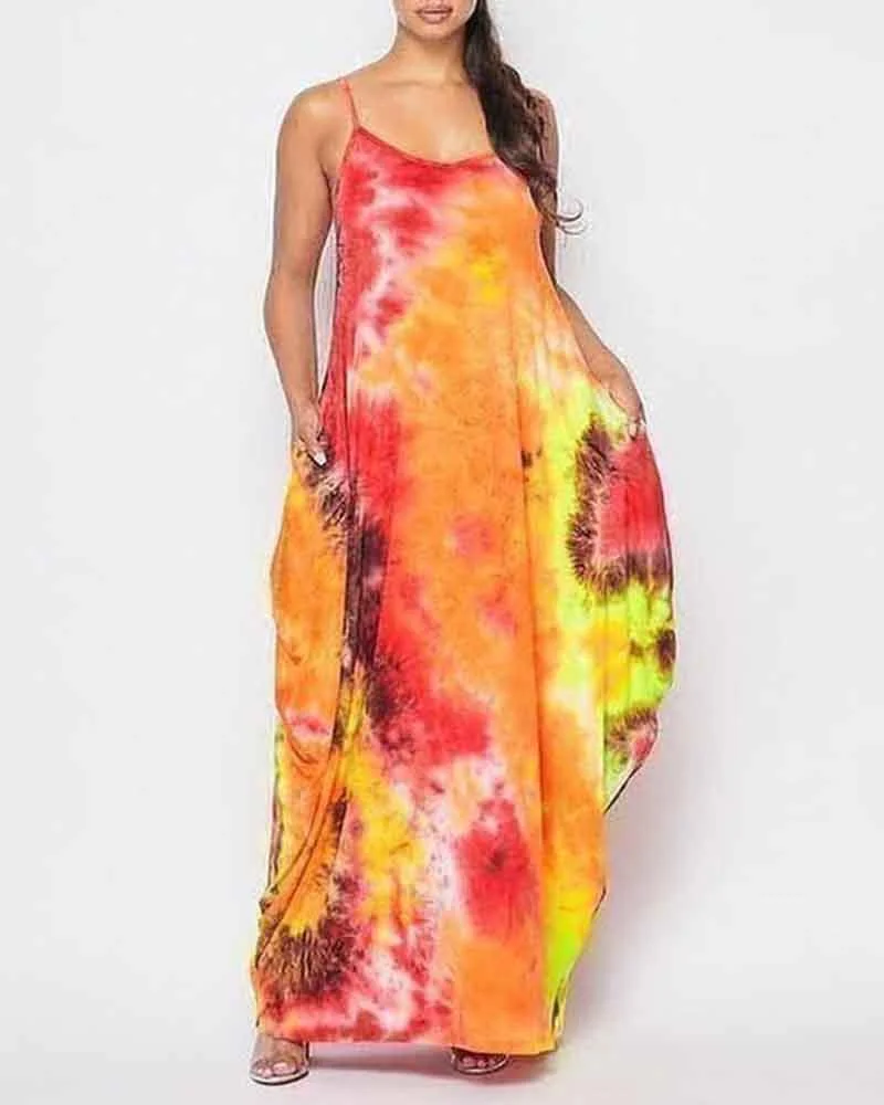 tie-dye suspenders colorful maxi dress comfortable