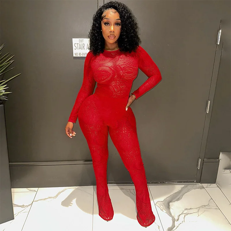 Brownm Brownm Women's 2023 Autumn And Winter New Fashion Lace Hollow Perspective Trousers Set