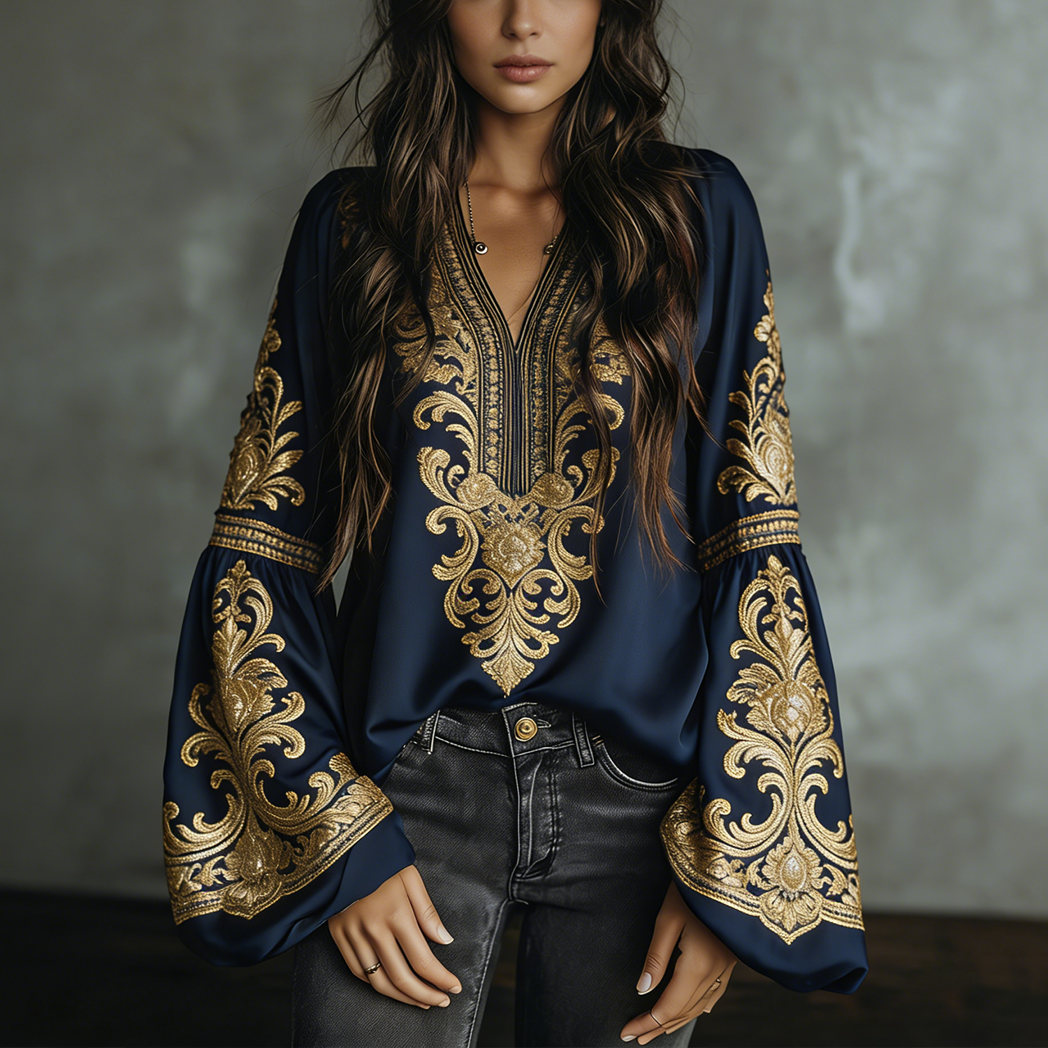 Linen Bohemian Embroidered Top Women's Loose Long Sleeve Peasant Blouse Ethnic Vintage Style Summer Casual Shirt - Helixace