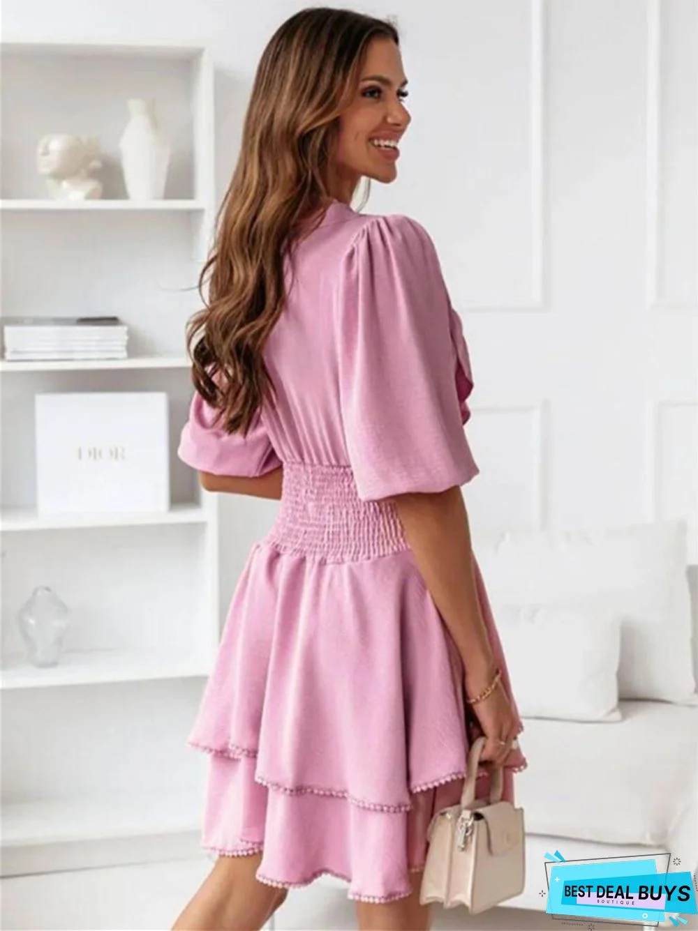 V-Neck Solid Color Ruffled Waist Short Sleeve Dress