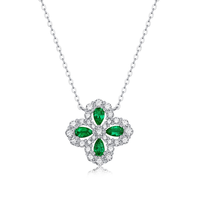  Lab-Created Emerald Clover Pendant Necklace - S925 Sterling Silver Four-Leaf Clover Jewelry with Sparkling