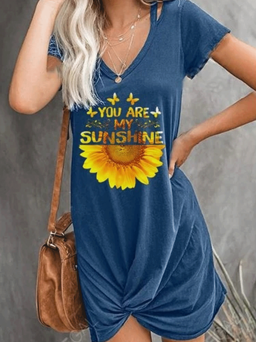 YOU ARE MY SUNSHINE Sunflower Short Sleeves Bodycon Casual Dresses