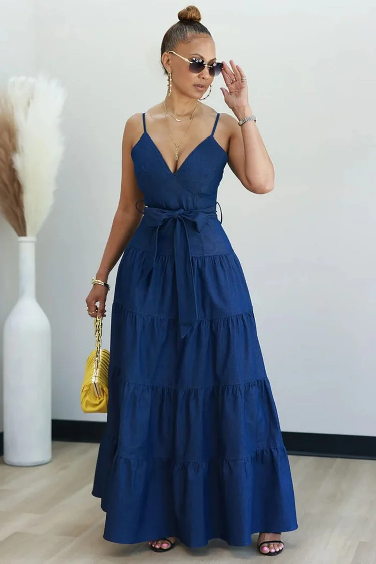 Cami Deep V Neck Tiered Quilted Vacation Denim Maxi Dresses-Blue