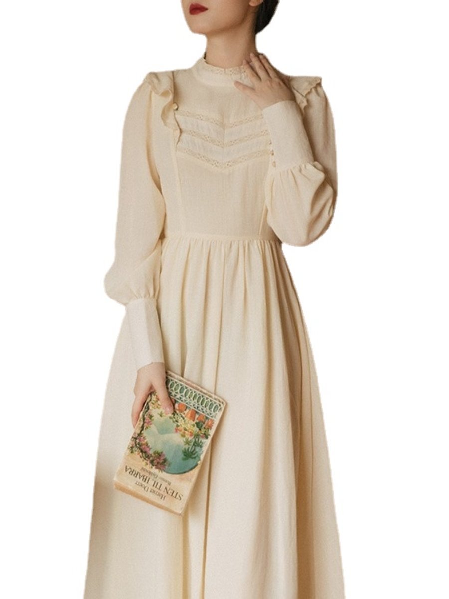 Women's Dress Puff Long Sleeve Half-neck Ruffle Vintage Swing Dresses