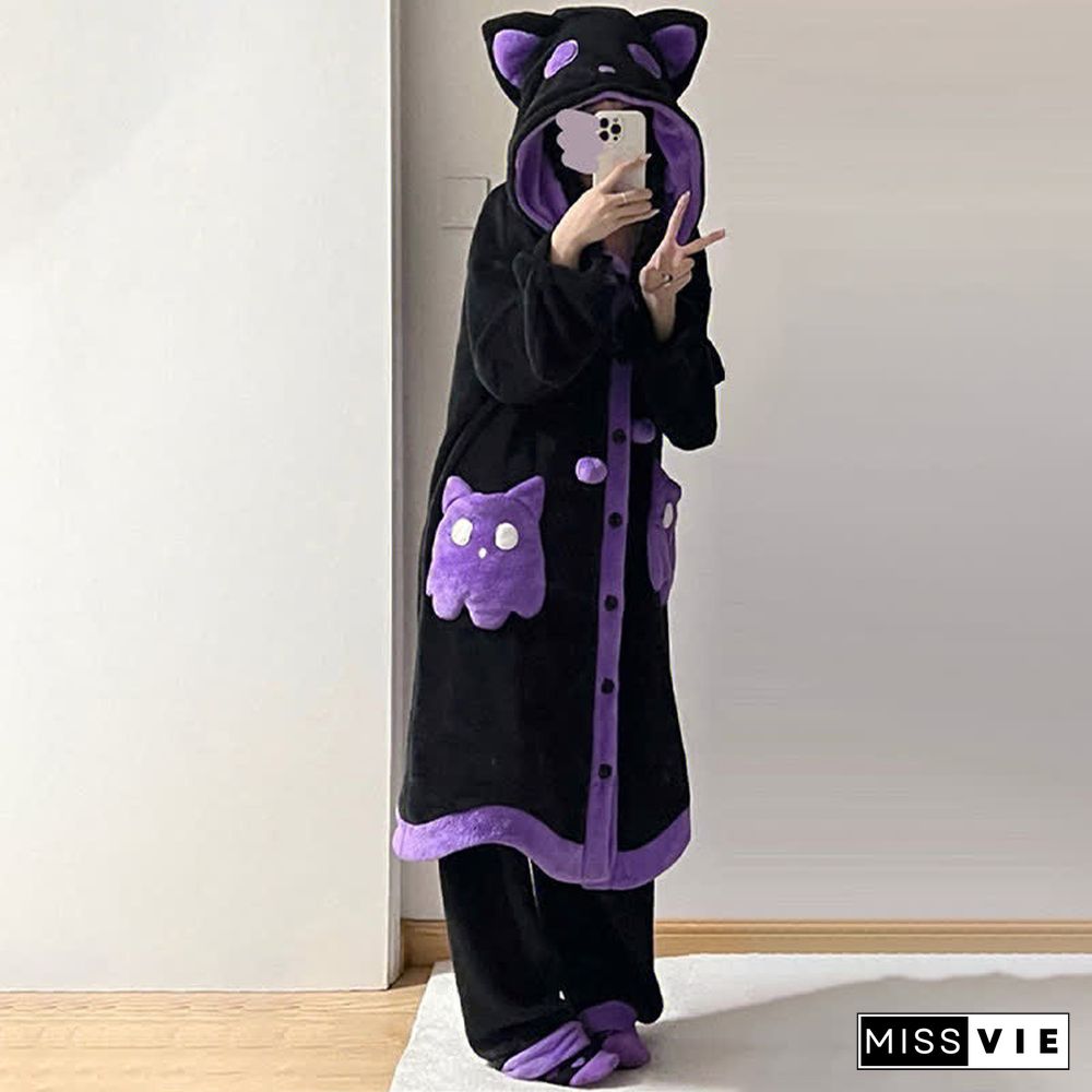 Cartoon Ghost Cat Plush Hooded Pajamas Set