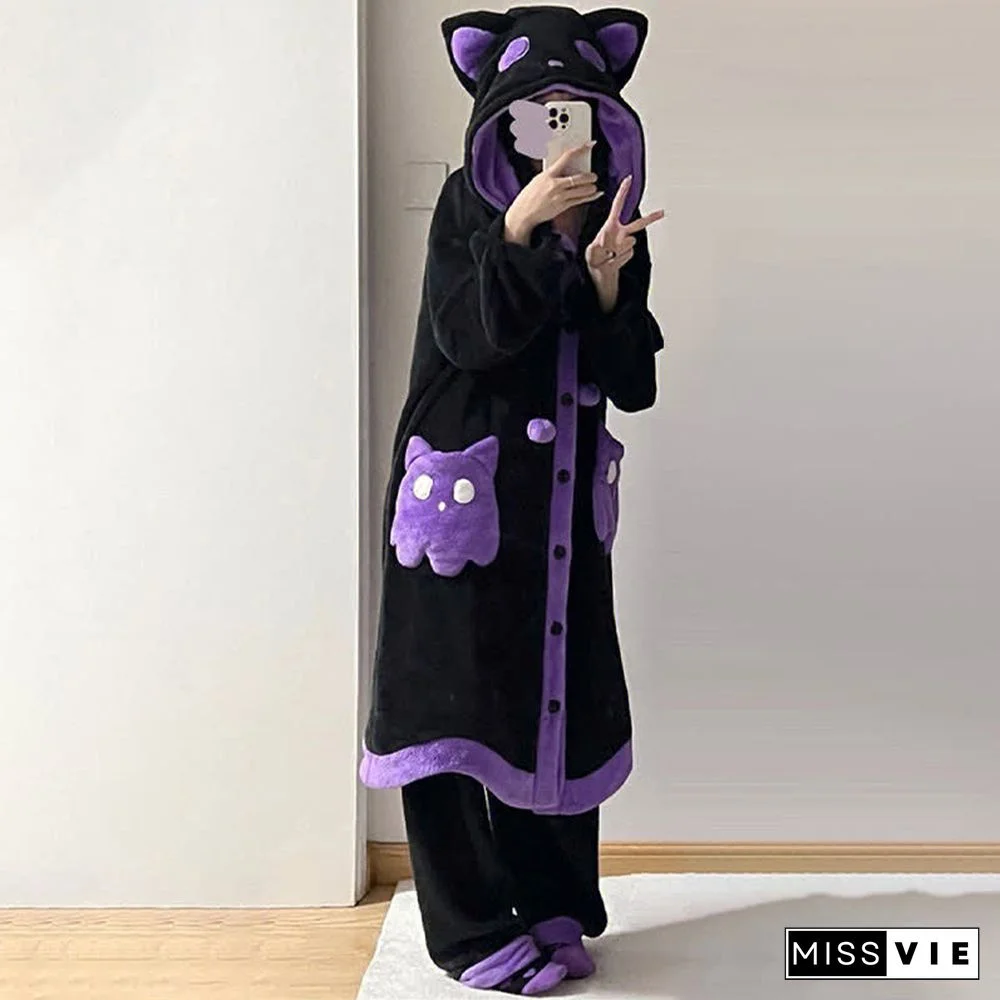 Cartoon Ghost Cat Plush Hooded Pajamas Set