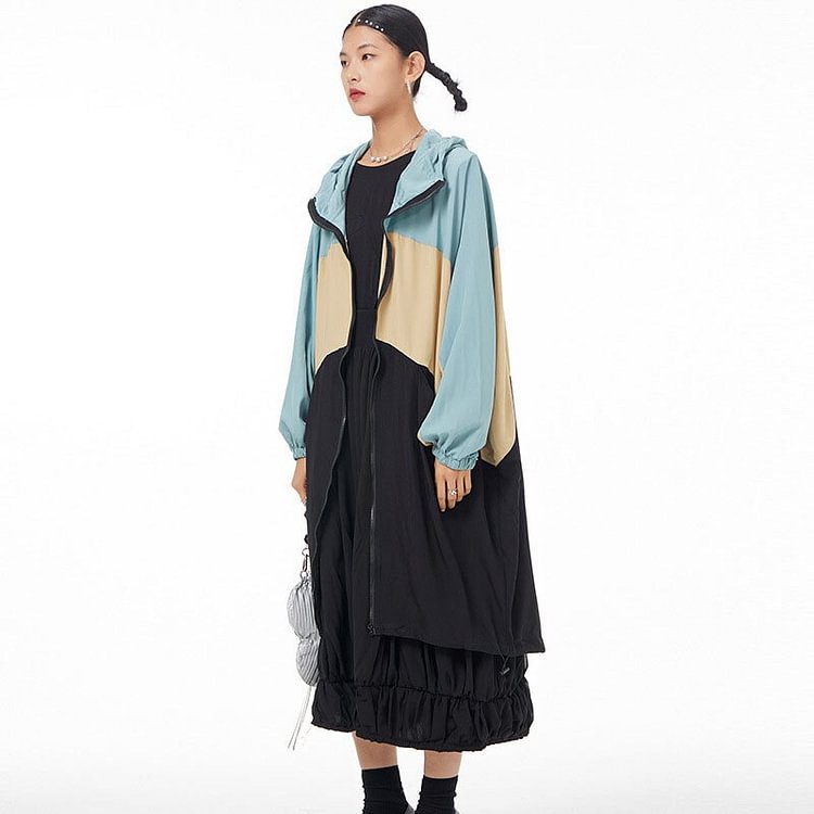 Temperament Hooded Three-color contrast Patchwork Zip-up Trench Coat