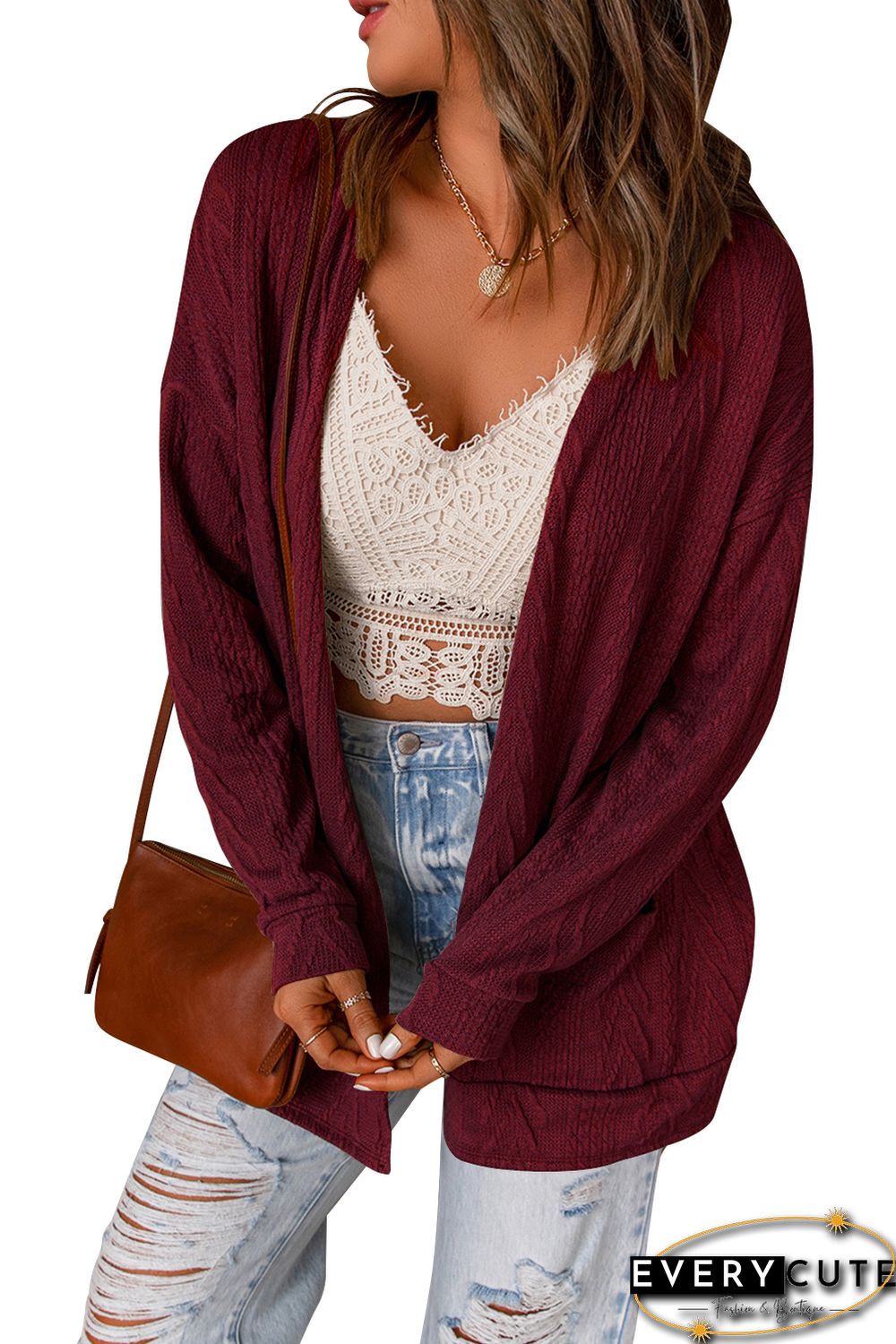 Red Drop Shoulder Textured Cardigan