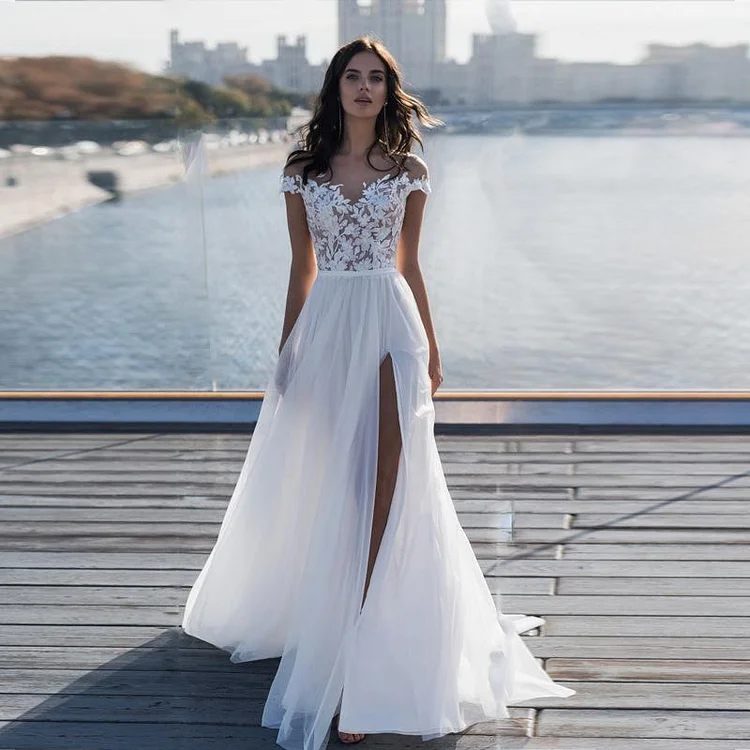 Women Lace Wedding Dress Women's Dress Sexy Slit off-Shoulder Fashion Applique Formal Dress
