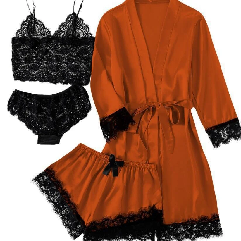 Brownm 2021 New Ladies Pajamas Four-Piece Sexy Sling Skirt Set Home Lace Pajamas Set