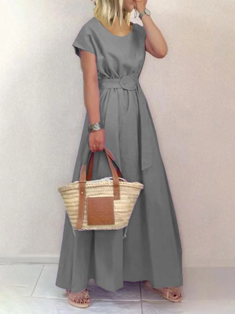 Women Short Sleeve Scoop Neck Solid Color Belt Vintage Dress