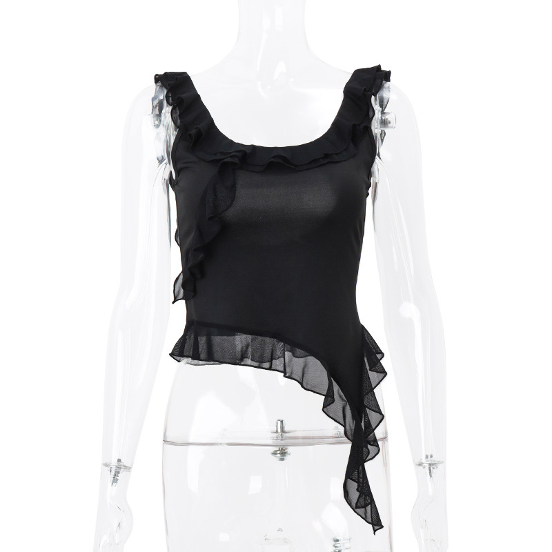 Ootddress Casual Backless Ruffled Y2k Top Vest Patchwork Strapless High Street Top Fashion Cute Solid Scoop Neck Tank Top Pullover
