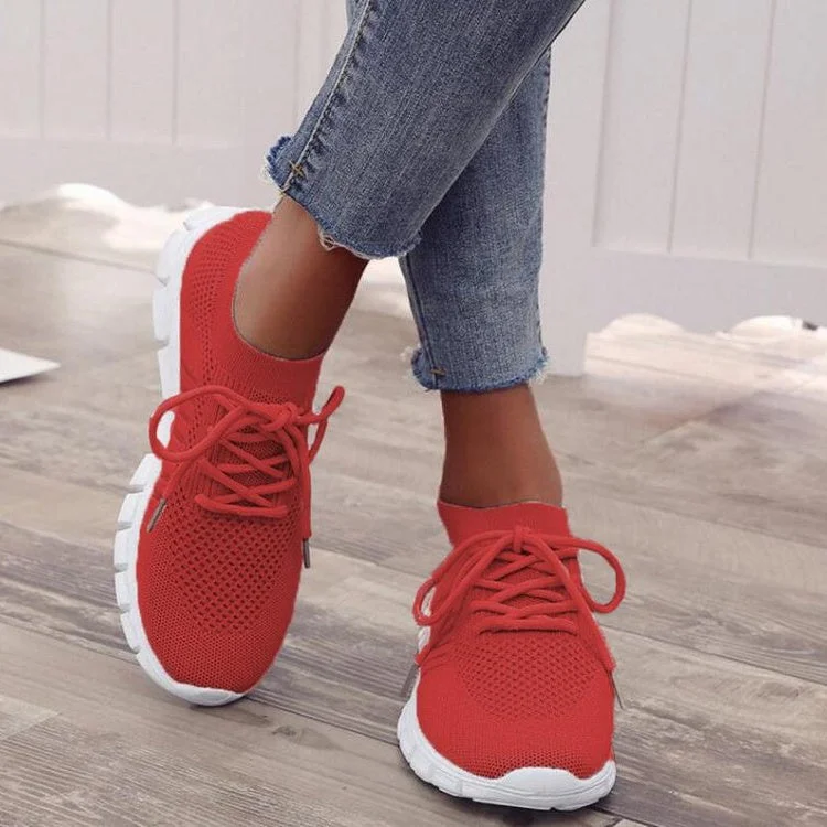 Women's Solid Color Shoelaces Round Toe Flat Heel Casual Sneakers
