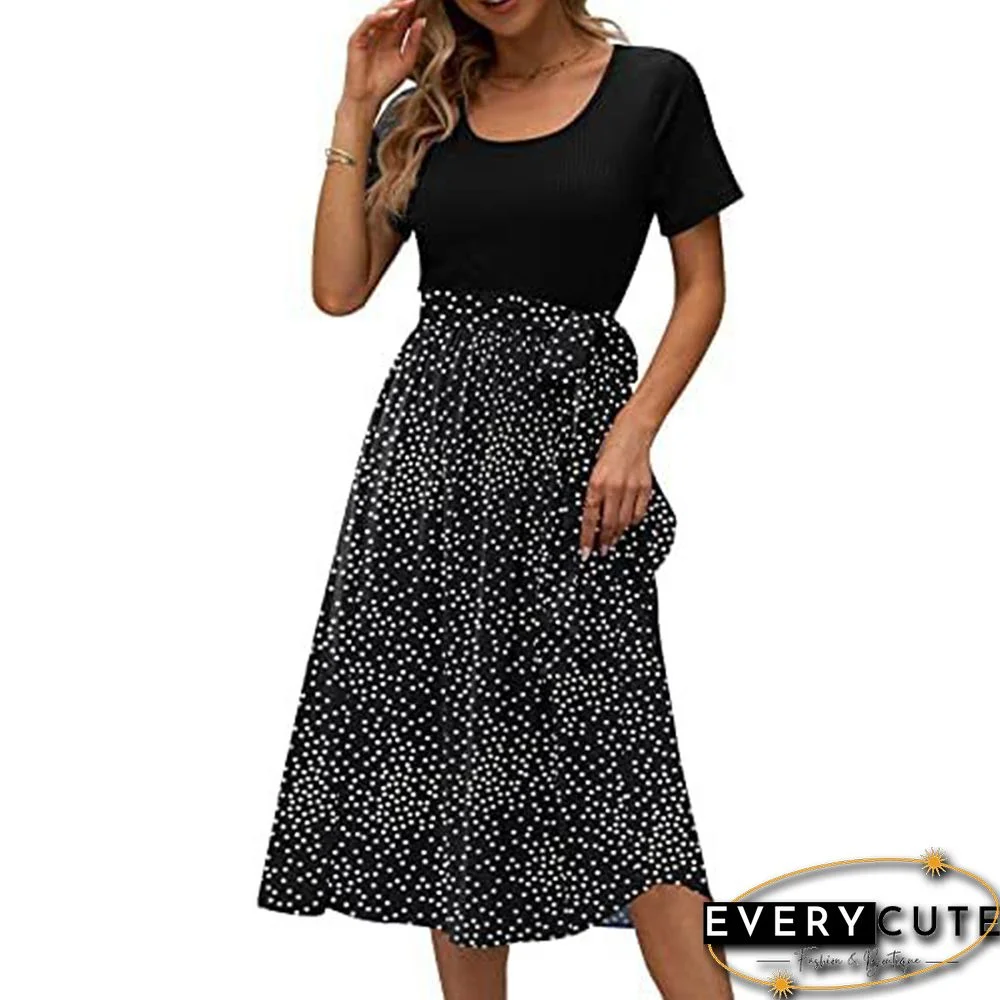 Black Floral Print Spliced Short Sleeve Dress