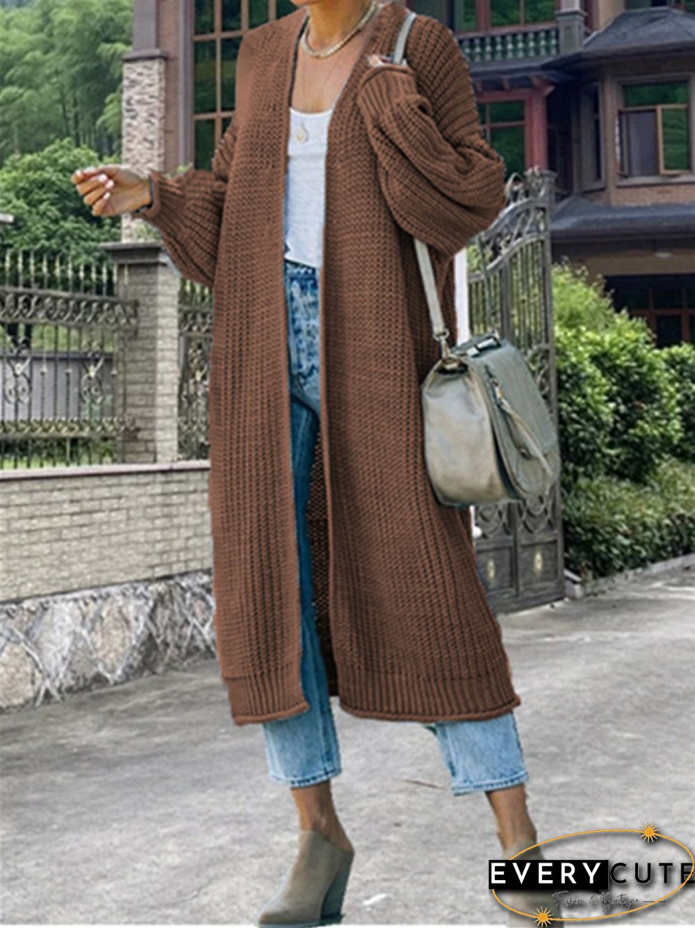 Curled Coarse Thread Solid Long Knitted Coat