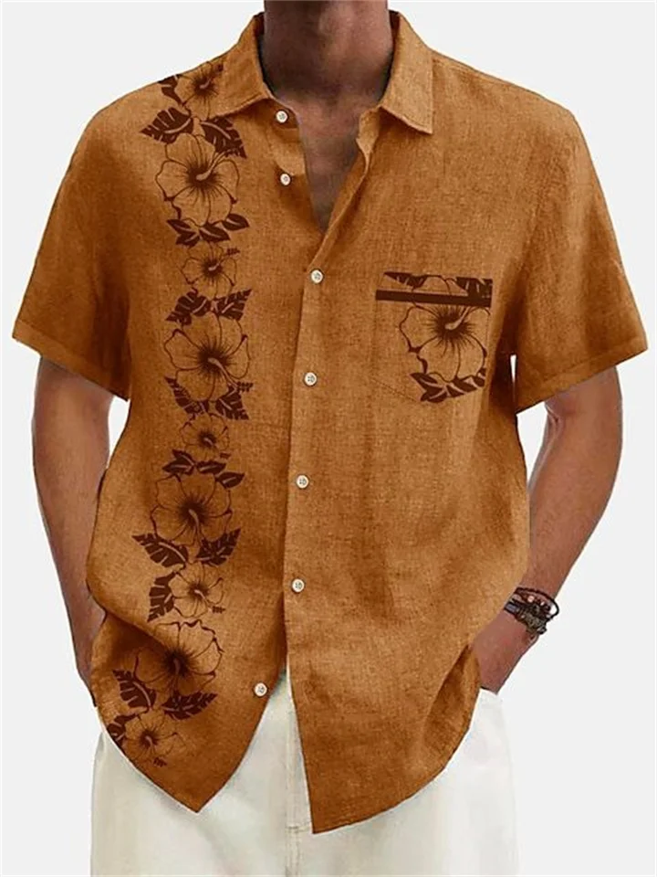 Men's Lapel Button Down Shirt Summer Short Sleeve Hawaiian Shirt Brown Blue
