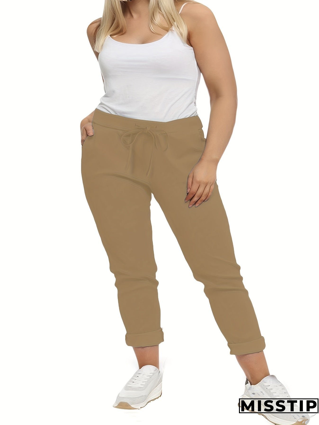 Plus Size Casual Pants, Women's Plus Solid Drawstring Roll Up Hem Slight Stretch Pants
