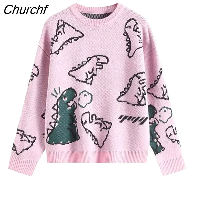 Churchf Women's Knit Sweater Argyle Cartoon Dinosaur Print Long Sleeve Pullover Jumper Top Knitwear Kawaii Streetwear for Teen Girls