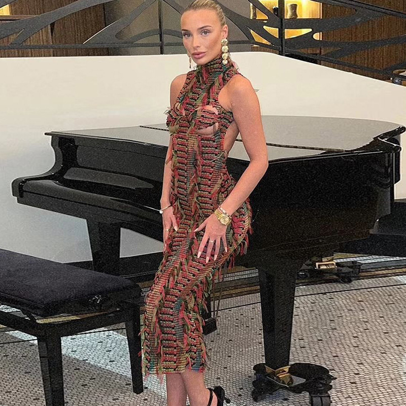 Ootddress Sexy Sleeveless Hollow Out Bodycon Long Dress For Women 2025 New Women High Neck Street Fashion High Waist Slim Vestidos