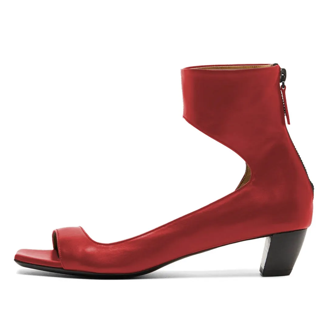 Red Vegan Leather Open Toe Back Zipper Simple Low Heel Sandals