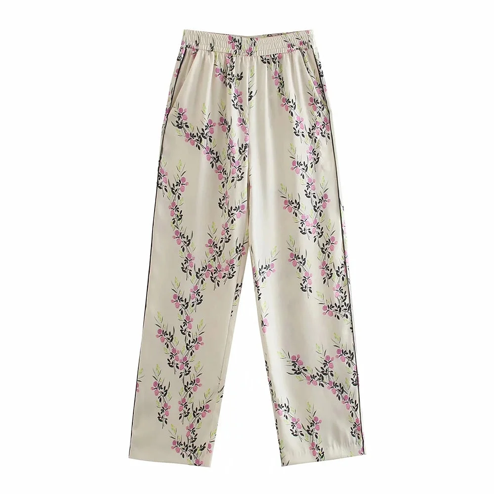 KPYTOMOA Women 2021 Chic Fashion With Piping Floral Print Pants Vintage High Elastic Waist Side Pockets Female Trousers Mujer