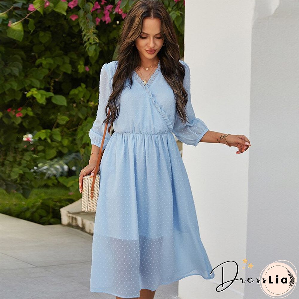 Spring New chiffon dress women casual solid color neck three quarter sleeve high waist