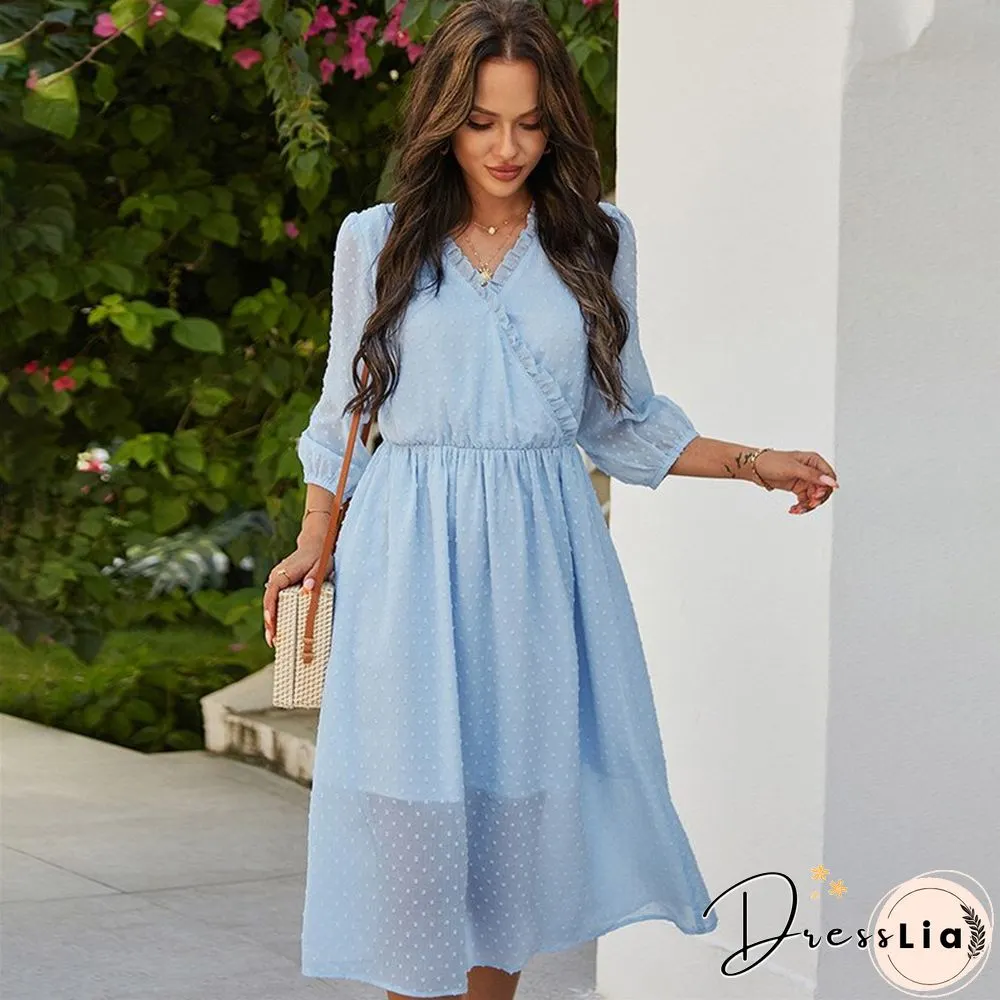 Spring New chiffon dress women casual solid color neck three quarter sleeve high waist