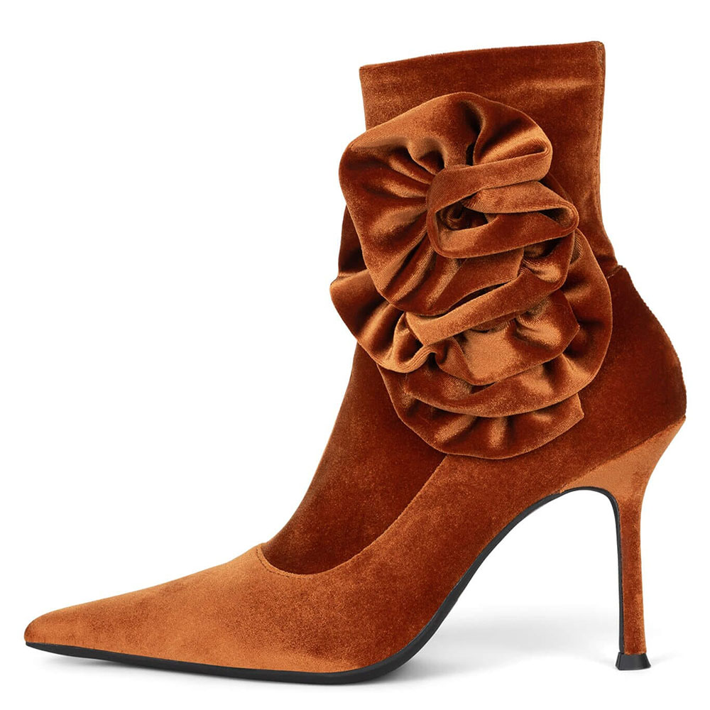 Velvet Pointed Toe  Stiletto Heel Rode Inlay Ankle Boots in Brown Nicepairs