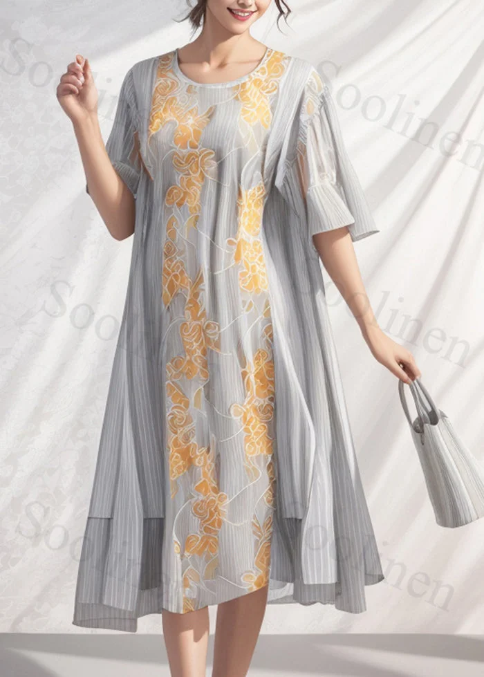 Loose Grey Oversized Print Silk Long Dresses Flare Sleeve