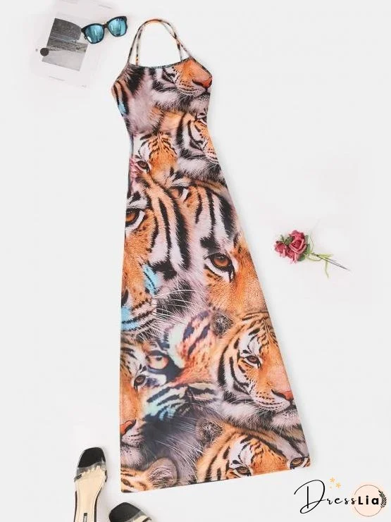 Slit 3D Tiger Print Criss Cross Long Cami Dress for Women