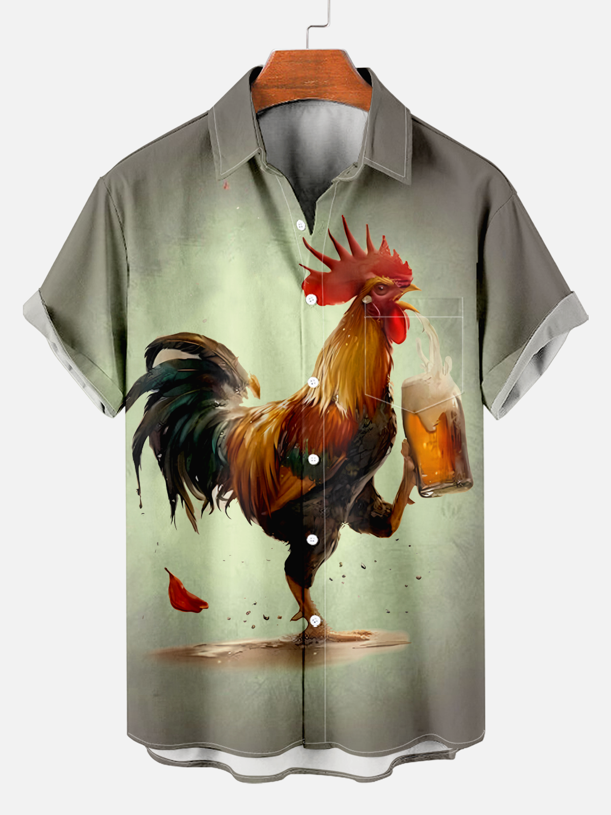 Men's Casual Rooster Drink Beer Printed Shirt PLUSCLOTHESMAN