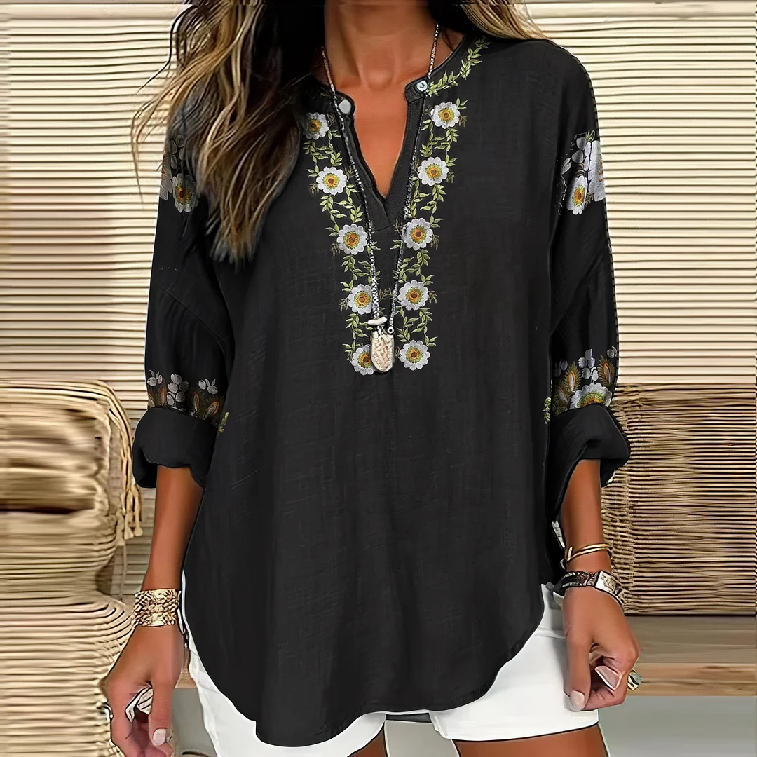 Vintage Ethnic Floral Linen V-neck Long Sleeve Shirt