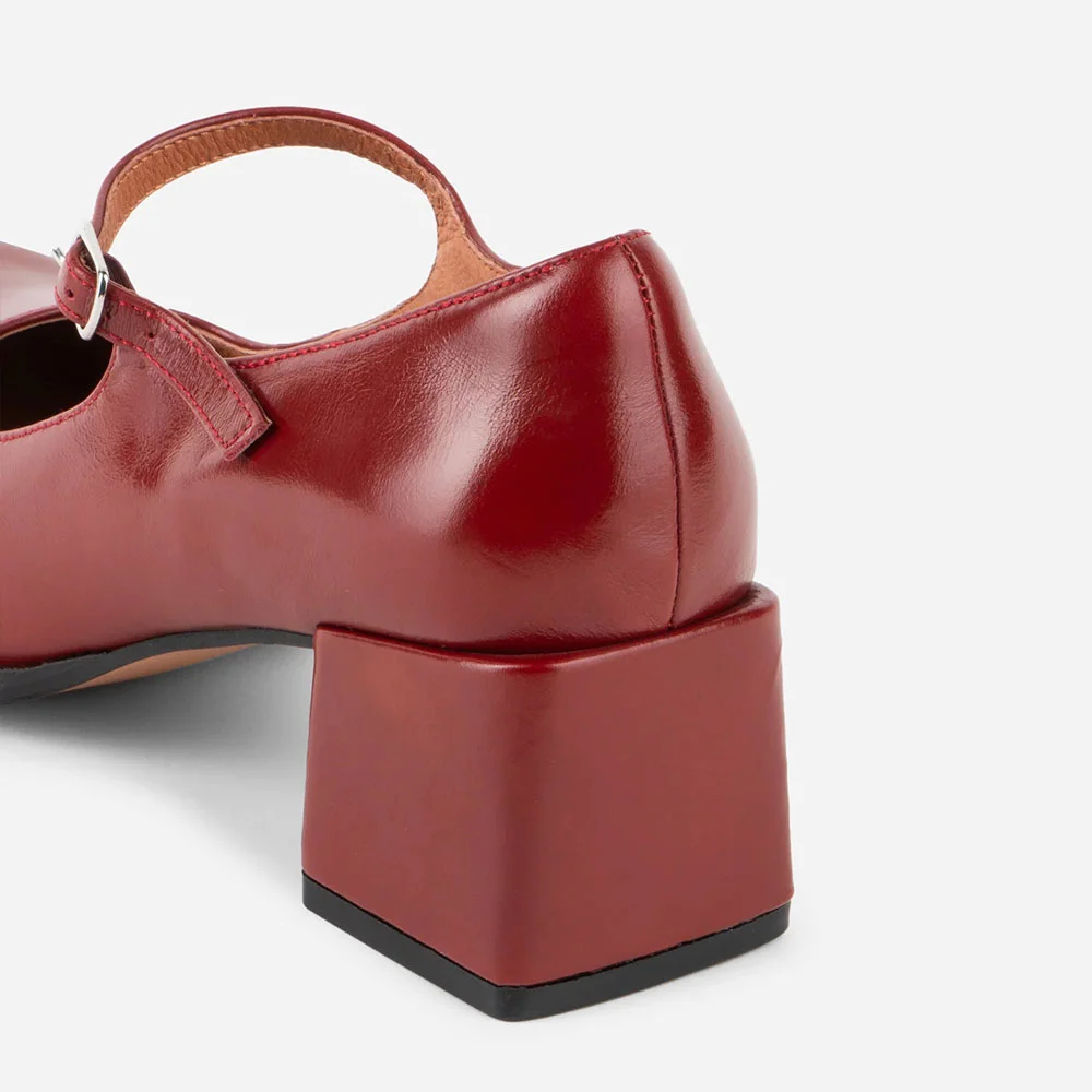 Vegan Leather Round Toe Buckled Women Mary Jane Shoes in Maroon
