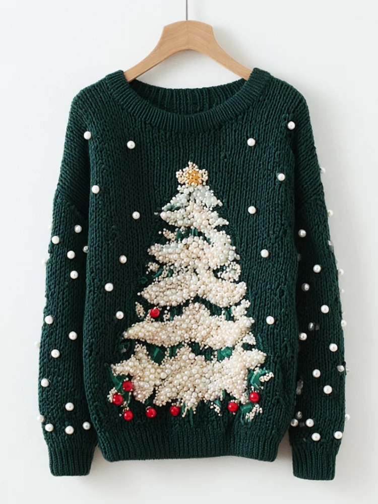 Christmas Tree Elements Women's Round Neck Knit Sweater