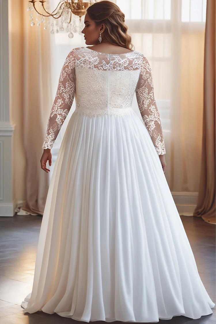 Xpluswear Design Plus Size Wedding White V Neck Long Sleeve See Through Contrast Lace Chiffon Maxi Dresses [Pre-Order]