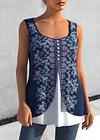 Plus Size Floral Print Decorative Button Faux Two Piece Tank Top