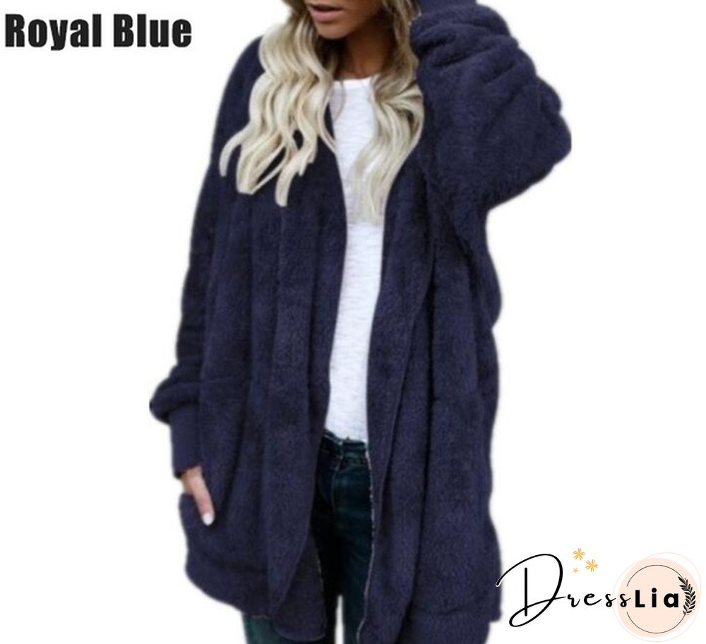 New Women’s Fashion Winter Warm Outwear Solid Color Long Sleeve Sweaters Hoodies Coats Loose Plush Cardigan Coat