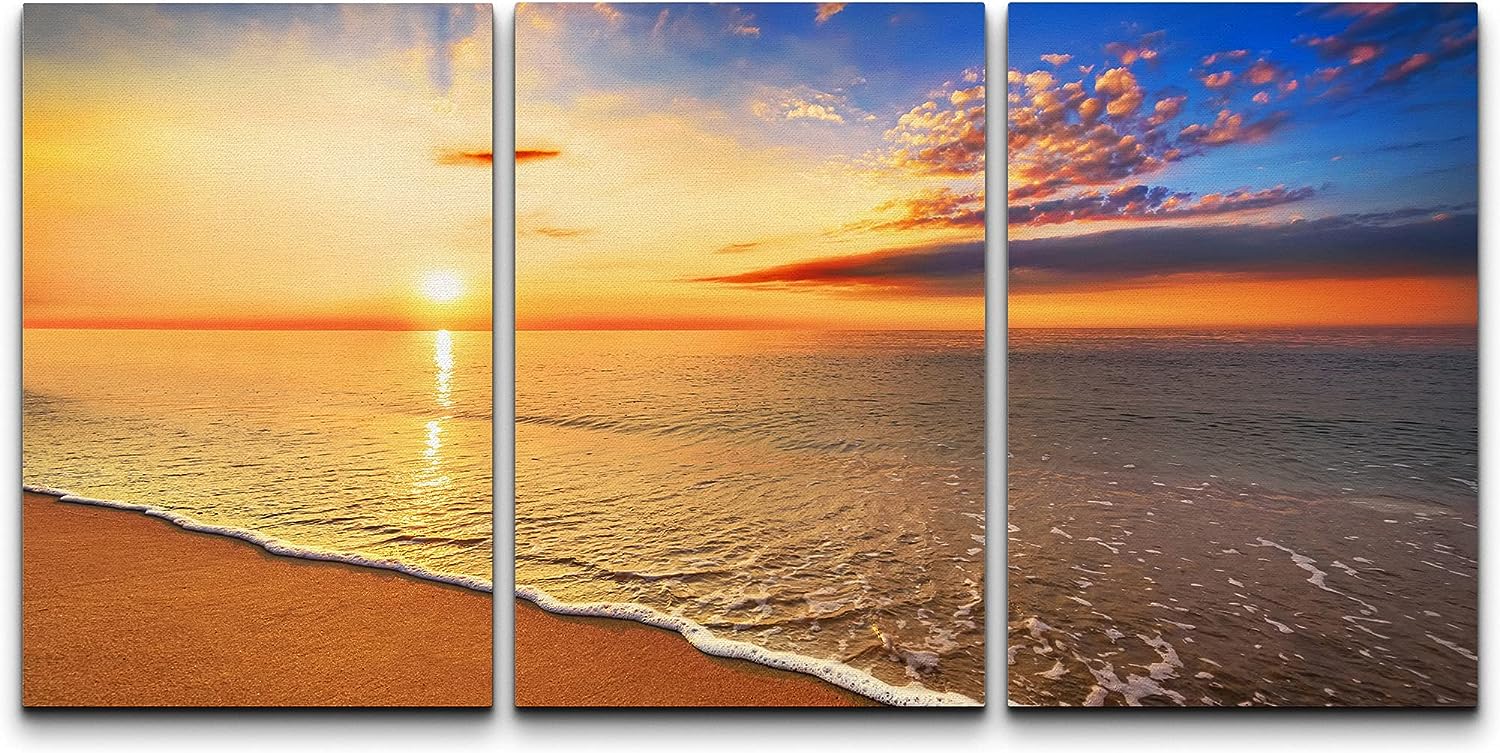 wall26 Canvas Print Wall Art Set Orange & Blue Sunset Over The Beach Nature Ocean Photography Realism Rustic Landscape Colorful Multicolor Ultra for Living Room, Bedroom, Office - 24 inch x36 inch x3 36&#034; x 24&#034; x 3 Panels