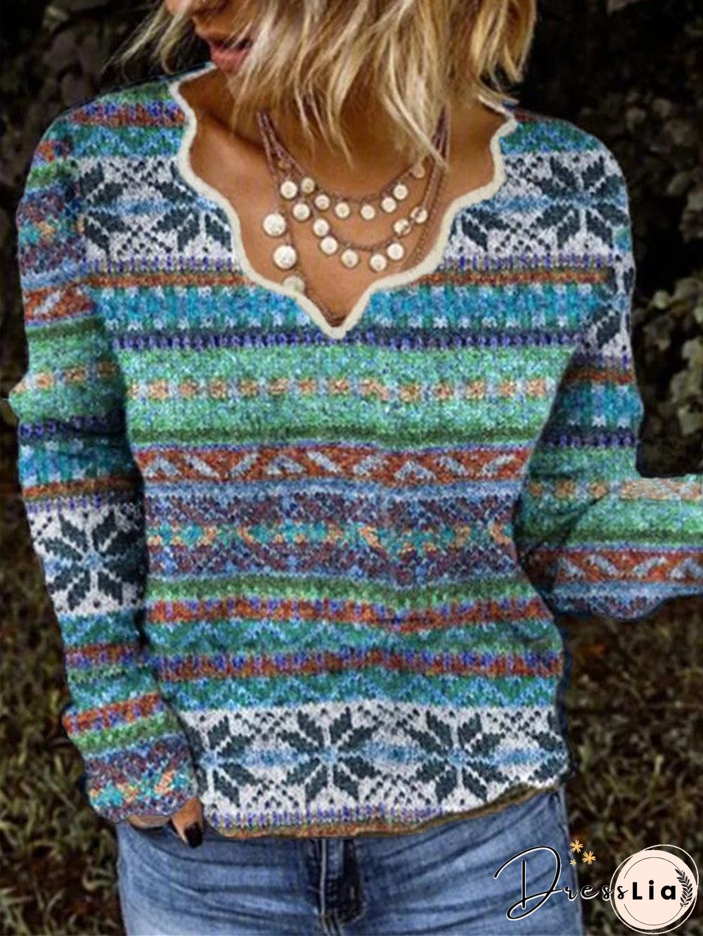 Exotic V Neck Long Sleeve Stripes Sweater