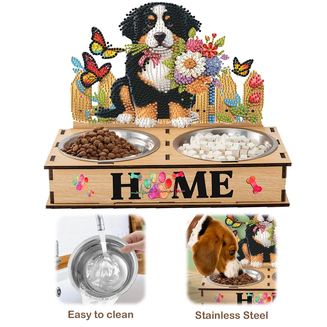 Diamond Painting Food Bowl with Wood Stand Diamond Art Dog Bowl for Small Dogs