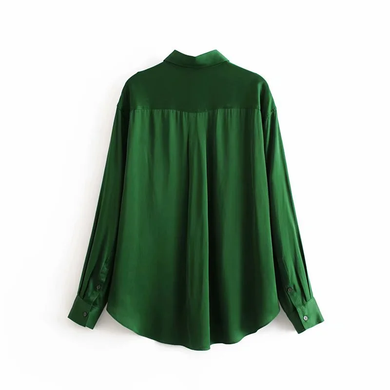 Women Vintage Satin Blouse Casual Solid Shirt 2019 Soft Turn Down Collar Office Shirt Long Sleeve Pocket Green Blouse Top Blusas